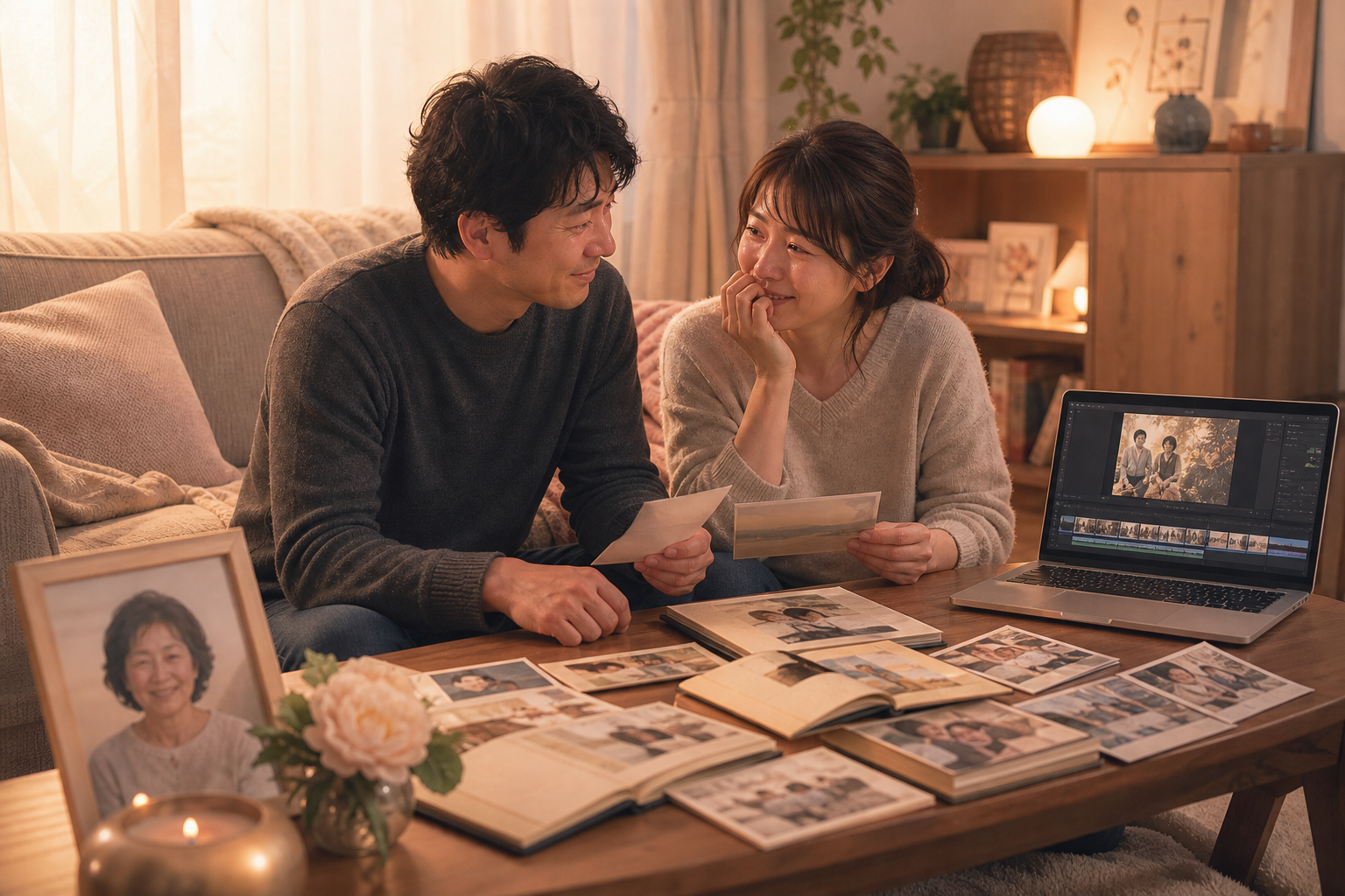 夫婦でメモリアルムービーを自作しながら思い出を語り合う様子