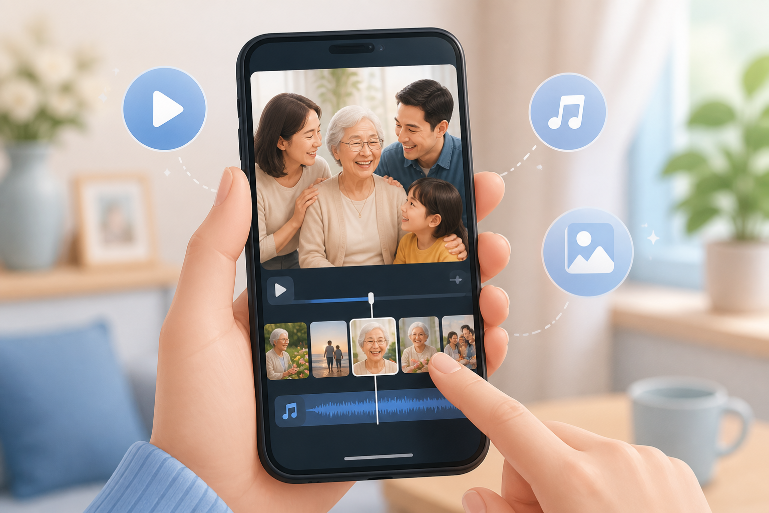 スマホで葬儀用思い出ムービーを編集する様子