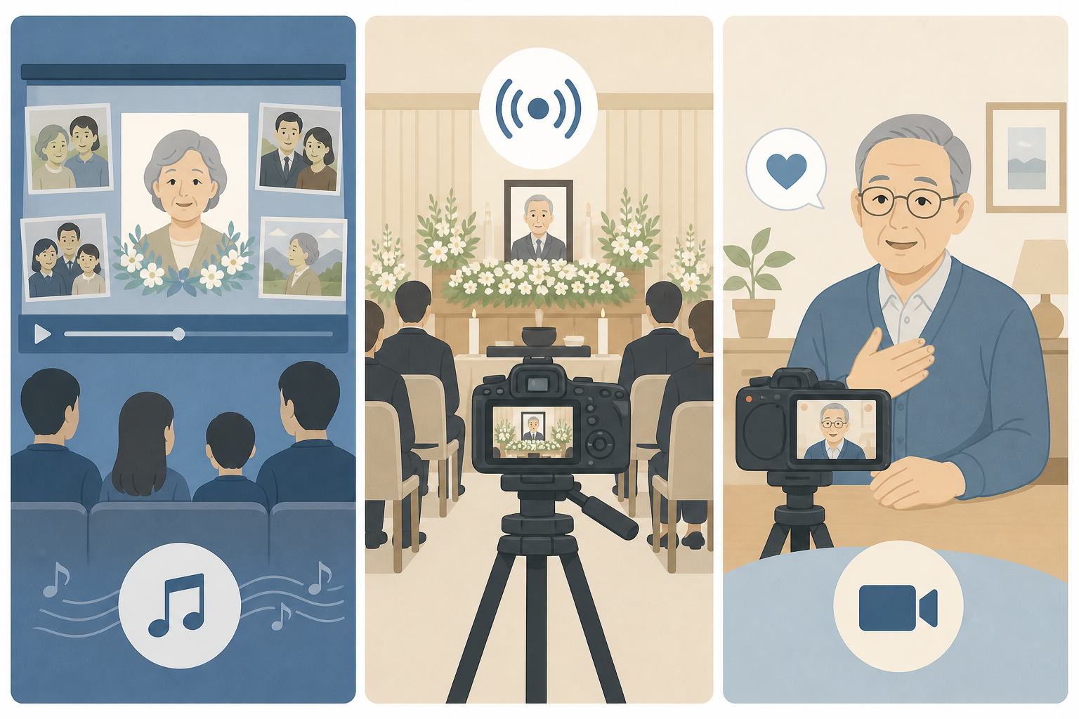葬儀で利用できる動画の種類を整理したイメージ