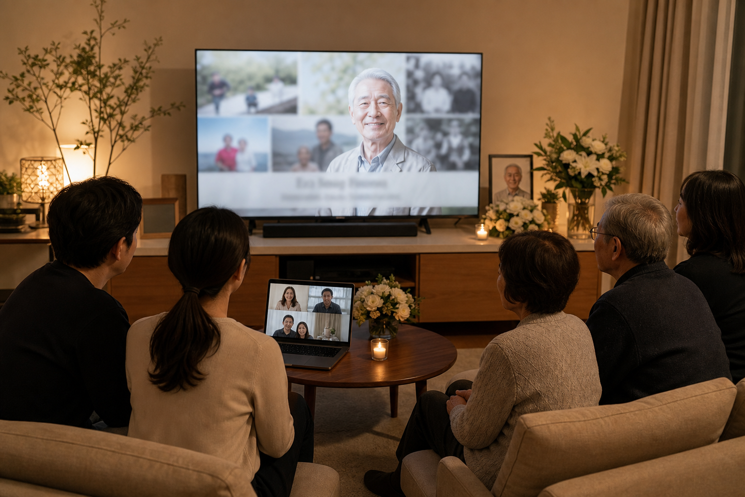 英語テロップ付きメモリアルムービーを見る家族のイメージ