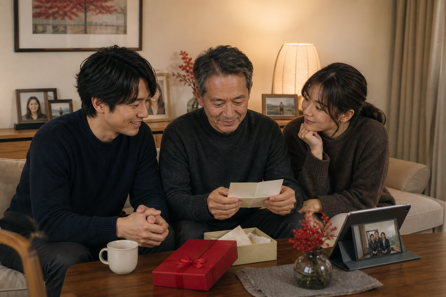 父の還暦祝いで感謝とこれからを語り合う家族の様子