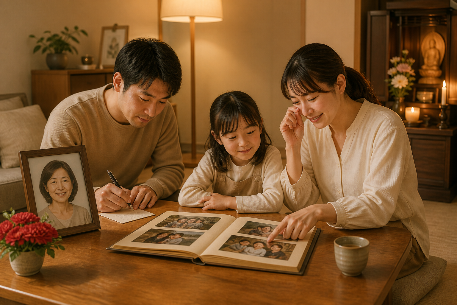 亡き母への還暦祝いを家族で静かに祝うイメージ