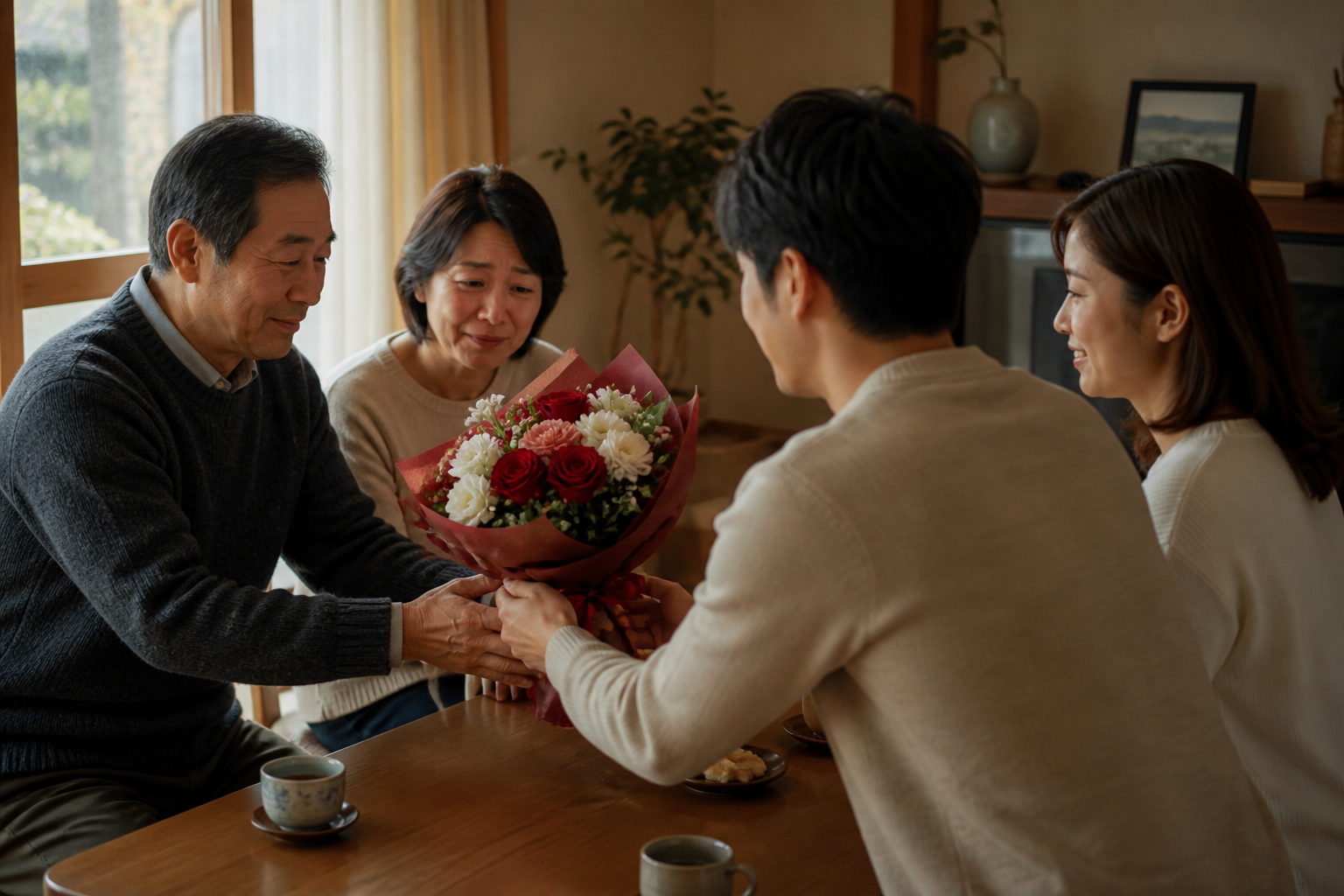控えめな還暦祝いで花束を受け取る義父母のイメージ